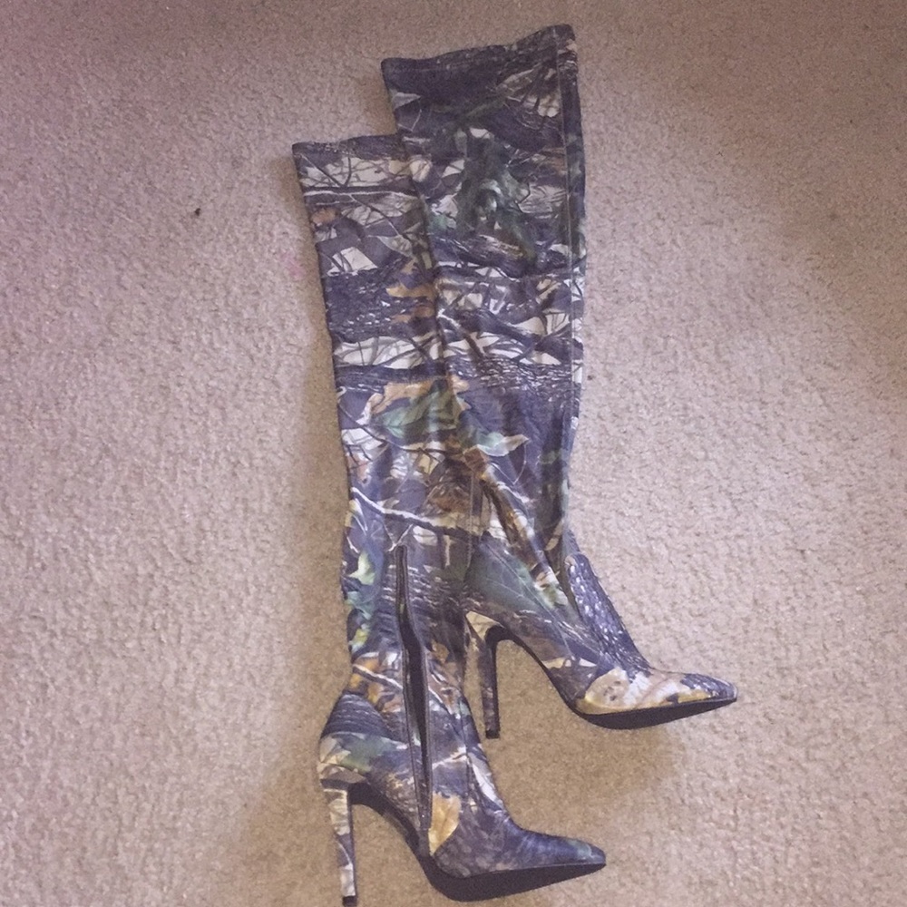 Khaki camouflage thigh high boots